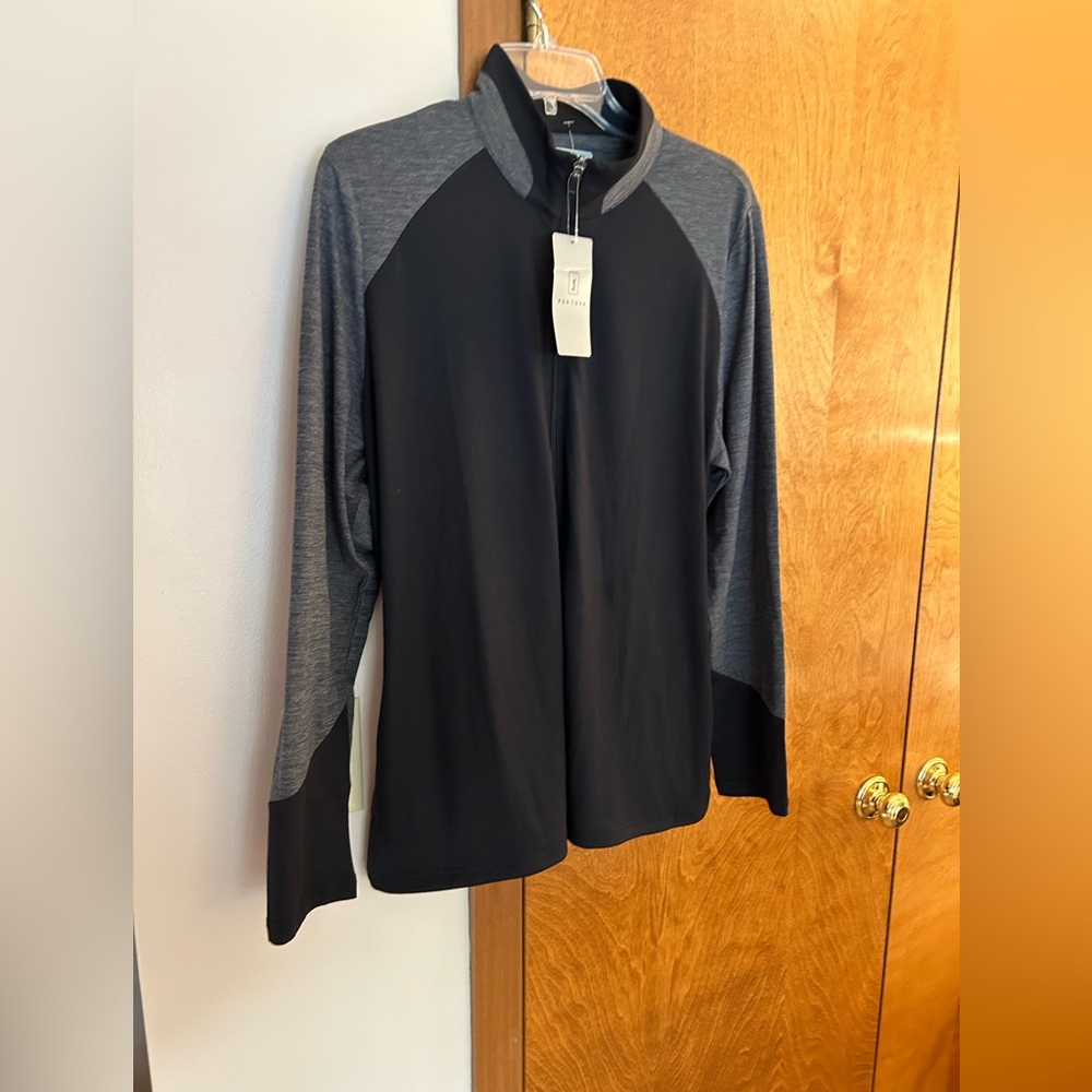 Ladies black and gray golf shirt. Full zip. 221